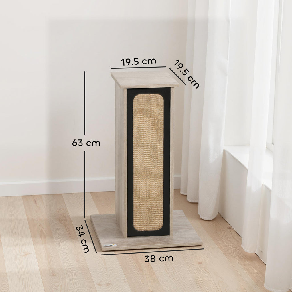 63cm Cat Scratching Post, Cat Scratcher With Replaceable Scratching Board, Top Perch, Sisal Scratch Mat, Oak