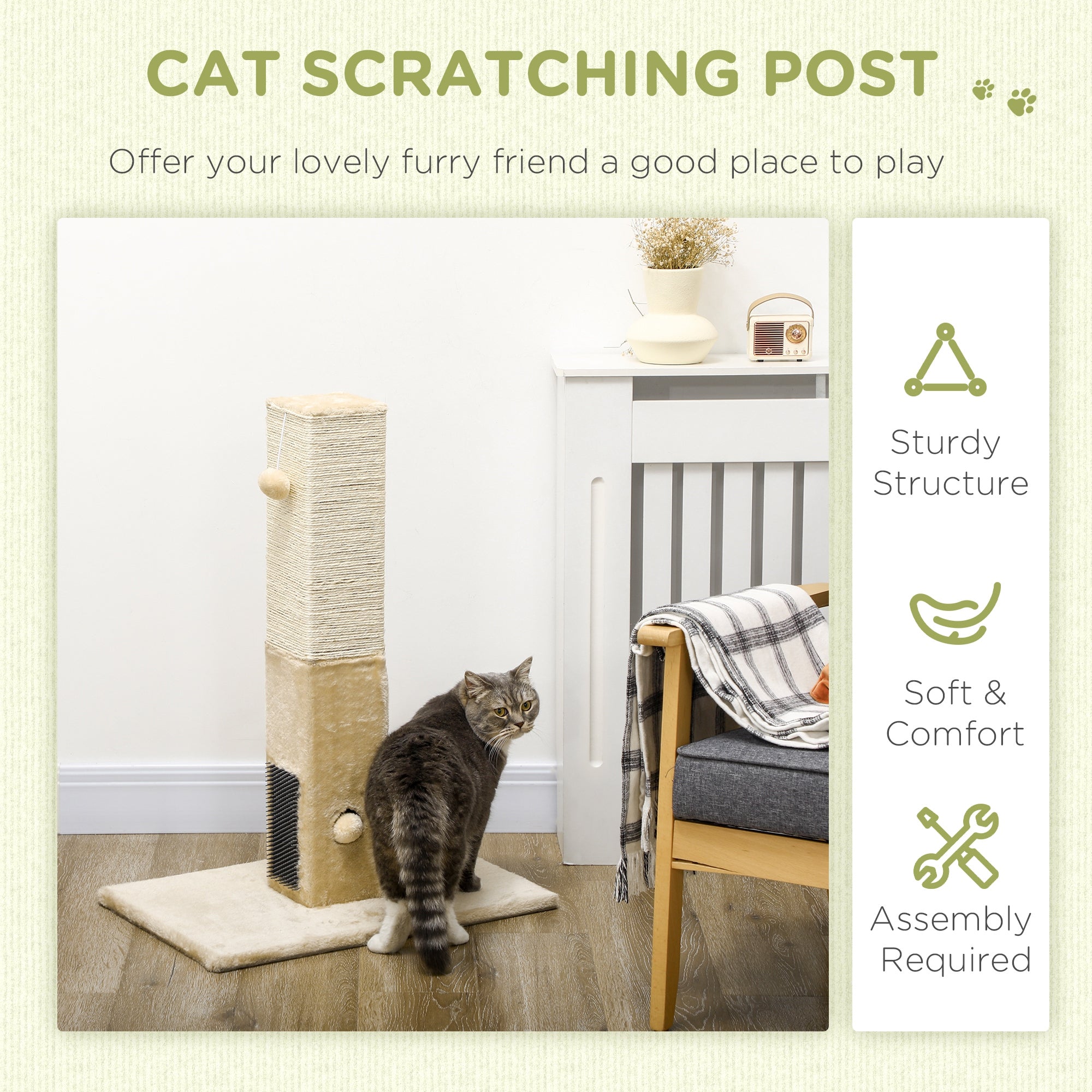 Jute Cat Scratching Post W/ Carpet Base Hanging Toy - Beige