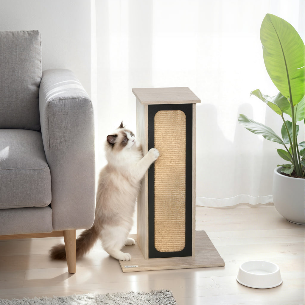 63cm Cat Scratching Post, Cat Scratcher With Replaceable Scratching Board, Top Perch, Sisal Scratch Mat, Oak