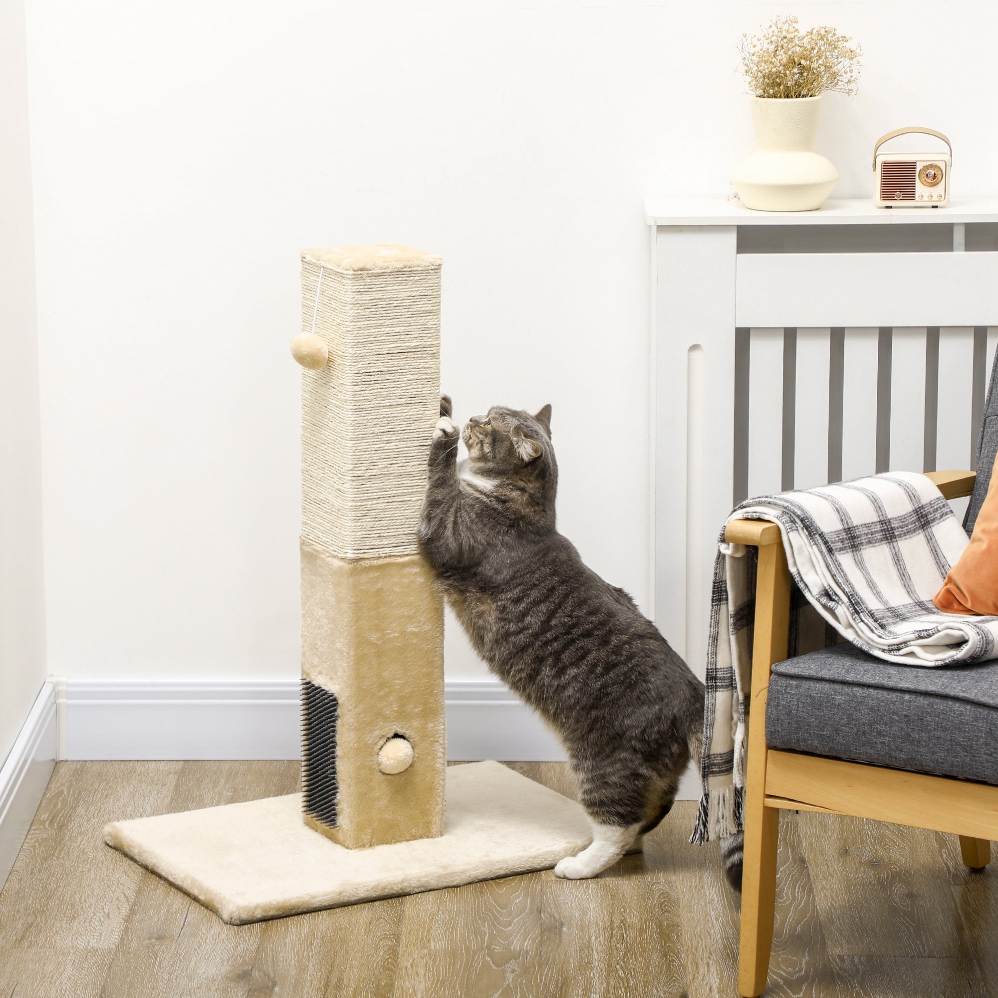Jute Cat Scratching Post W/ Carpet Base Hanging Toy - Beige