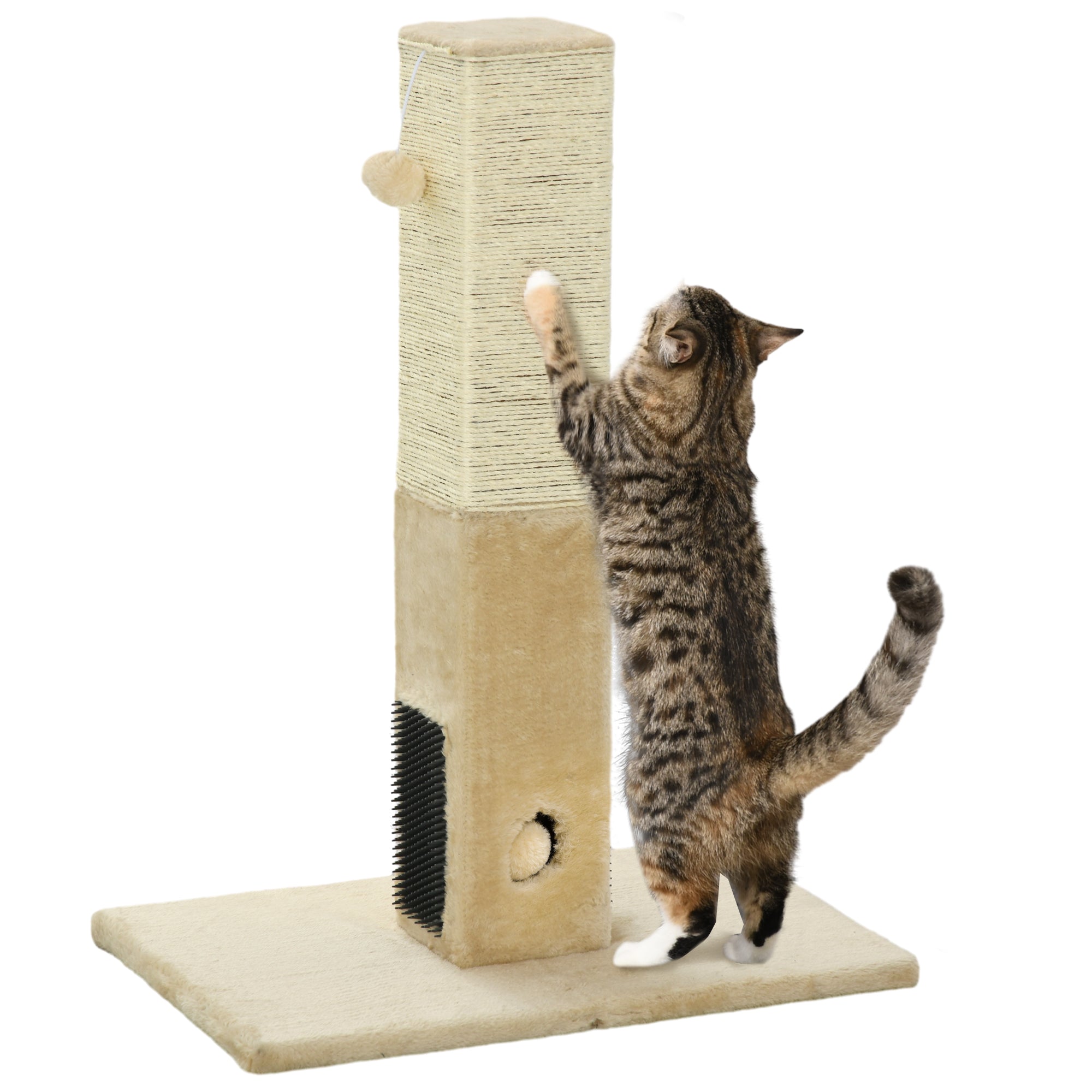 Jute Cat Scratching Post W/ Carpet Base Hanging Toy - Beige